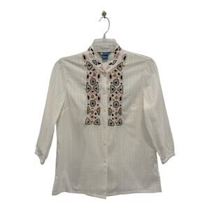 Koret Top Womens Small White Embroidered Collar‎ Bodice Button Up 3/4 Sleeve
